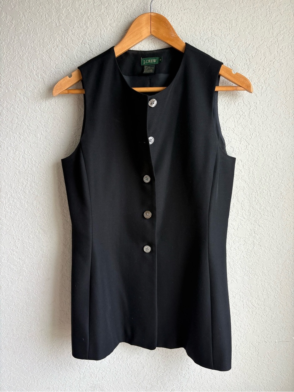 Vintage J.Crew Green Label Black Wool Blend Longline Vest Size 4 Button Front
